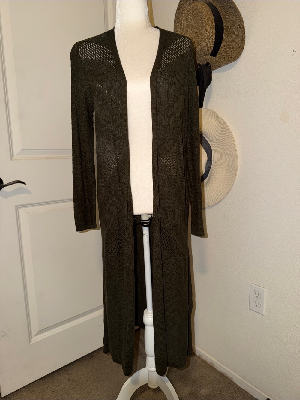 Preowned Style & co Long Open-Knit Olive Green Women's Cardigan Sweater